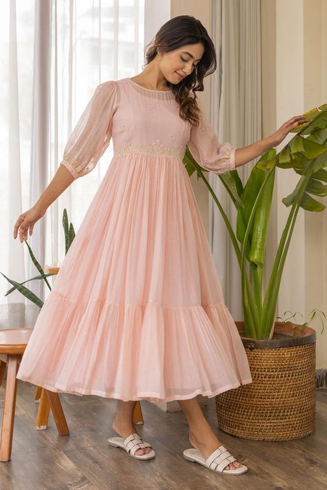 Buy Peach Kurta : Chanderi Hand Embroidered Floral Ella Yoke With Inner For Women by Khamaj India Online at Aza Fashions. Long Frill Dress, Round Dress Design Indian, Frilled Kurti Design, Types Of Inner Wear For Women, Cotton Printed Kurta Designs Women, Amrela Dress Kurti, Yoke Dress Pattern Women, Dress Design Patterns Indian, Clothes Print Design Patterns