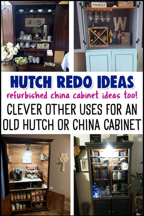 Other Uses For Dining Room, Hutch Makeover Coffee Bar, China Cabinet Ideas, Old Hutch Makeover Ideas, Dining Room Hutch Makeover, Hutch Cabinets, Repurposed China Cabinet, Coffee Bar Hutch, Hutch Redo