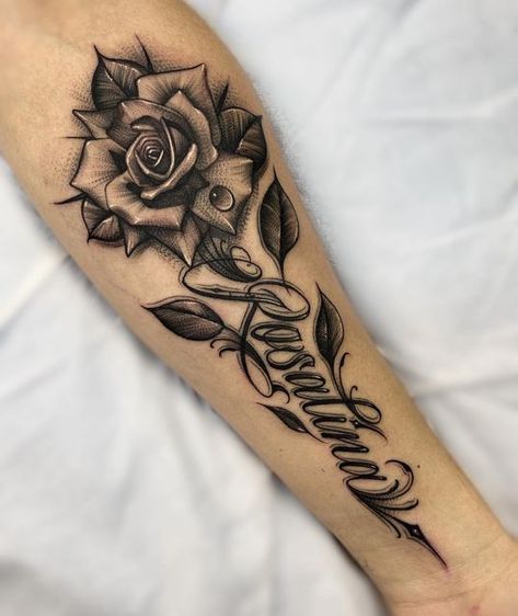 Joey on Instagram: "🌹 Rosalina ✨" Roses And Names Tattoo, Different Rose Tattoo Styles, Script Rose Tattoo, Rose Remembrance Tattoo, Avery Tattoo Name, Tattoo Ideas To Get For Your Mom, Medium Sized Arm Tattoos, Name Design Tattoos, Name With Roses Tattoo