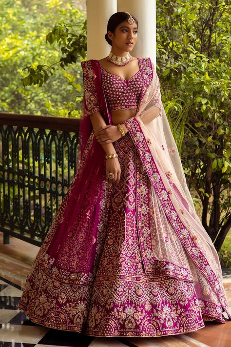 Buy The Indian Bridal Company Pink Raw Silk Floral Embroidered Lehenga Set Online | Aza Fashions Double Dupatta Bridal Lehenga, Double Dupatta, Dupatta Bridal, Bridal Lengha, Raw Silk Lehenga, Rani Pink, Pink Lehenga, Embroidered Lehenga, Wedding Lehenga