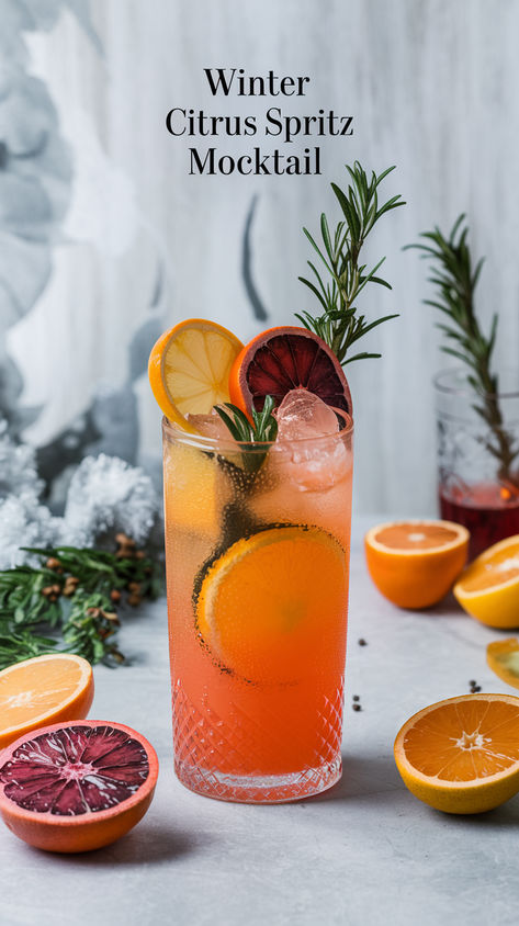 Citrus Alcohol Drinks, Winter Spritzer Drinks, Winter Solstice Drinks, Mocktails Non Alcoholic Christmas, Holiday Mocktail Recipes, Winter Drinks Nonalcoholic, Drink Ideas Nonalcoholic, Holiday Mocktails Non Alcoholic, Holiday Drinks Nonalcoholic