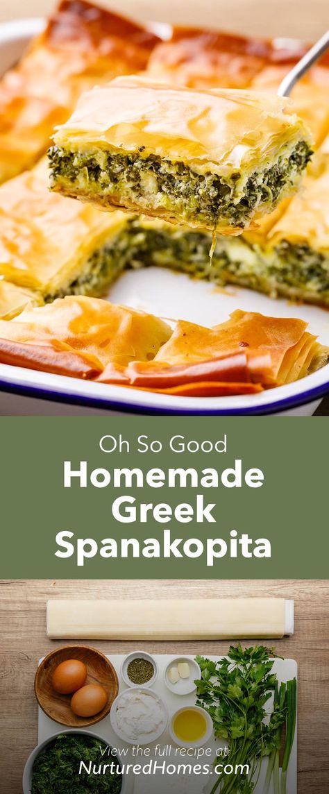 Homemade Greek Spinach Pie (Spanakopita) - Nurtured Homes Spanakopita Recipes Easy, Healthy Dinner Recipes High Fiber, Spinach Pie Greek Spanakopita, Spanokita Recipe Greek, Spanicopita Recipe, Pastichio Recipe, Greek Spinach Pie Spanakopita, Spanakopita Recipe, Greek Spinach