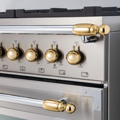 Gold décor set for Range and Hood | Bertazzoni Range And Hood, Bertazzoni Range, Gold Knobs, Copper Decor, Burner Covers, Range Cooker, Family Table, Cooking Appliances, Large Appliances