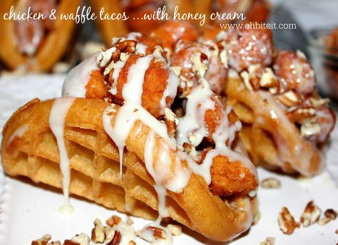 ~Chicken & Waffle Tacos.. with honey cream! Chicken Bacon Flatbread, Asian Chicken Tacos, Grilled Shrimp And Pineapple, Firecracker Shrimp Tacos, Waffle Tacos, Bacon Tacos, Fruit Taco, Waffle Taco, Dude Food