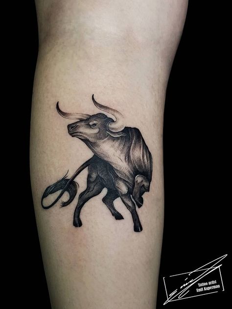 Bull Skull Taurus Tattoo, Trader Tattoo Ideas, Taurus Zodiac Tattoo Men, Oxen Tattoo, Ox Tattoo Zodiac, Bull Zodiac Tattoo, Bull Neck Tattoo, Ox Zodiac Tattoo, Charging Bull Tattoo