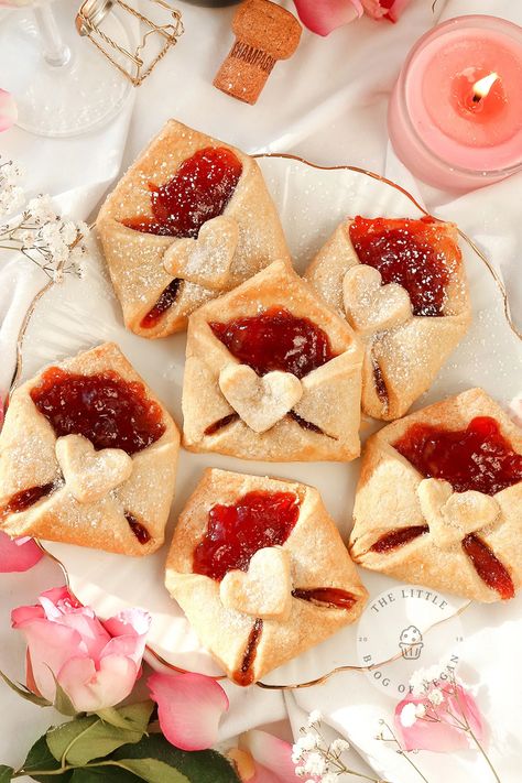 Vegan Love Letter Pastries - The Little Blog Of Vegan Love Letter Puff Pastry, Easy Vegan Puff Pastry Dessert, Cafe Pastries Recipes, Vegan Breakfast Pastry, Love Letter Pastries, 2023 Dessert Trends, Cute Pastries Recipes, Valentines Day Party Snacks, Cute Birthday Food