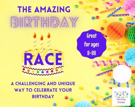 The Amazing Birthday Race to the gifts - A unique birthday party game that is part relay race, part escape room game. At home birthday party idea. Find it on Pam's Party Printables. At Home Birthday Party, Girls Night Out Games, Escape Room At Home, At Home Birthday, Room Escape Games, Home Birthday Party, Birthday Party Game, Relay Races, Escape Room Game