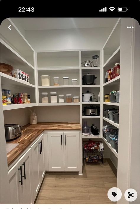 Pantry With Plug Ins, Pantry Mudroom Combo Layout, 4x5 Pantry, Mudroom Butlers Pantry Combo, Simple Walk In Pantry, Pantry Walk In Ideas, Walk In Pantry With Sink, Walk In Pantry Shelving, Walk In Pantry With Window