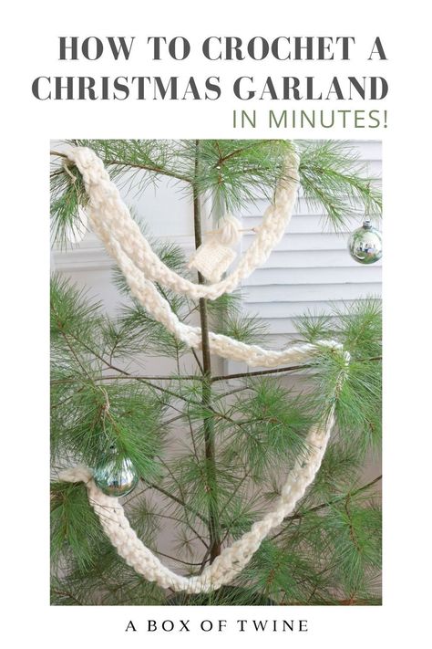 Quick Crochet pattern - check out this easy crochet Christmas garland pattern. Hang the yarn garland on your Christmas tree, banister, or mantel. It takes minutes to make! #crochetgarland #christmasgarland #easycrochet Crocheted Christmas Tree Garland Free Pattern, Crochet Chain Garland, Crochet Christmas Tree Garland Pattern Free Easy, Easy Crochet Christmas Garland, Crocheted Christmas Tree Garland, Simple Crochet Garland, Chunky Crochet Garland, Crochet Garland For Christmas Tree, Crocheted Garland Christmas