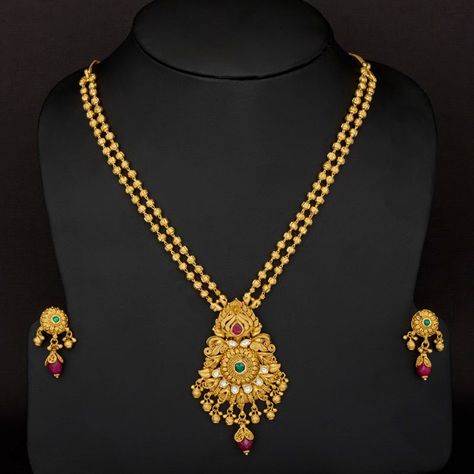 Traditional long two layer Gundla haram design - Latest Jewellery Designs Gundla Chain Designs, Long Chains Gold Designs Latest, Laxmi Haram Designs Gold Latest, Trending Gold Jewellery Designs, Gundla Haram Designs, Haram Designs Gold Latest, Gold Necklace Design, Latest Jewellery Designs, Haram Designs