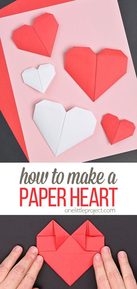 It's SO EASY to make a paper heart, and you can fold one in less than 5 minutes! All you need to make an origami heart is 1 piece of printer paper - it's such a fun low-mess craft for kids, teens, and adults! Give your loved ones an extra special gift for Valentine's Day, Mother's Day, Father's Day or any day! Easy Origami Heart, Valentines Origami, Paper Folding Crafts, Origami Love, Paper Origami, Origami Heart, Creative Valentines, Heart Crafts, Unique Valentines