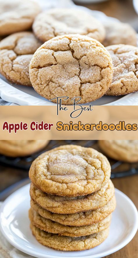 Apple cider snickkerdoodle cookies stacked on top of each other Apple Cider Snickerdoodles, Desserts With Apple Cider, Snickerdoodle Cookie, Homemade Fall Cookies, Christmas Snickerdoodles, Apple Cider Doughnut Cookies, Fall Themed Cookies Easy, Gluten Free Fall Cookies, Snickerdoodles Cookies