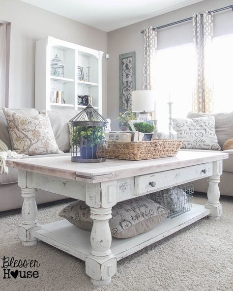 Chippy White Lime Finished Coffee Table | Bless'er House -  Love the lime waxed natural top! Stile Joanna Gaines, Shabby Chic Coffee Table, Modern Living Room Table, Muebles Shabby Chic, White Coffee Table, Farmhouse Living Room Decor Ideas, Rustic Farmhouse Living Room, Chic Coffee Table, Shabby Chic Living