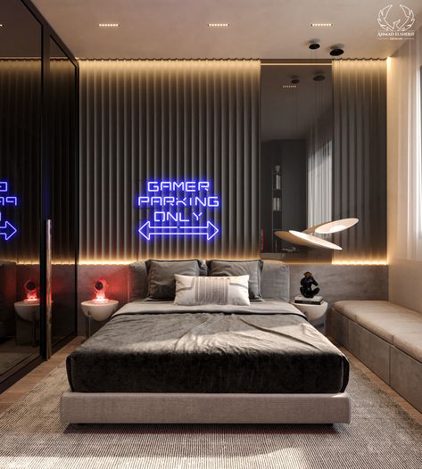 This sleek gaming bedroom blends design and function. A "Gamer Parking Only" neon sign adds a fun touch, while the comfy bed features a textured headboard and ambient lighting. The gaming setup includes a high-end PC, ergonomic chair, and geometric panels with red LED accents, creating a futuristic vibe. Functional wall hooks add a personal touch to this perfect gaming space.

#homeDecor #GamingBedroom #GamingRoom #BoyBedroom #modernBedroomDesign  #kidsInteriorRoom Gamer Boy Bedroom, Textured Headboard, Gaming Bedroom, Gaming Space, Kids Interior Room, Boy Bedroom, Modern Bedroom Design, Comfy Bed, Boys Bedroom