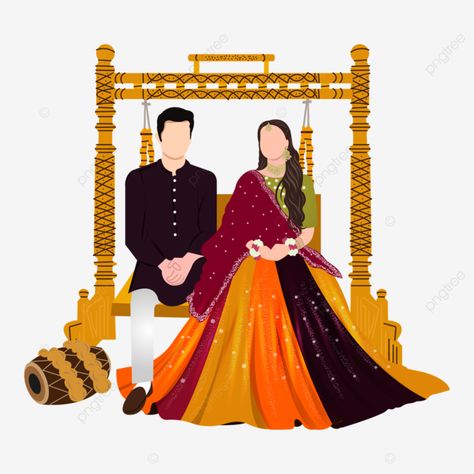 Haldi Caricature Bride, Indian Wedding Clipart, Wedding Clipart Free, Indian Clipart, Cartoon Bride, Couple Indian, Illustration Dress, Groom Cartoon, Lehanga Saree