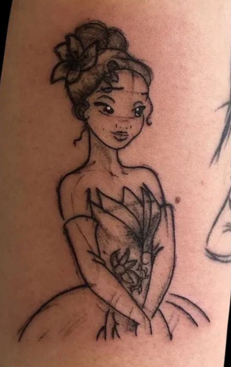 Disney Princess And The Frog Tattoo, Princess Frog Tattoo, Princess And The Frog Inspired Tattoo, Tiana And Charlotte Tattoo, Princess And The Frog Sketches, Tiana And Lottie Tattoo, Princess Tiana Crown Tattoo, Accountability Tattoo, Princess In The Frog Tattoo