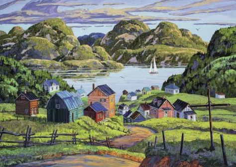 Pretty view! (165 pieces) Charlevoix Quebec, Canadian Lakes, Naïve Artist, Canadian Painters, Puzzle Art, Canadian Art, Coastal Landscape, Ocean Painting, Naive Art