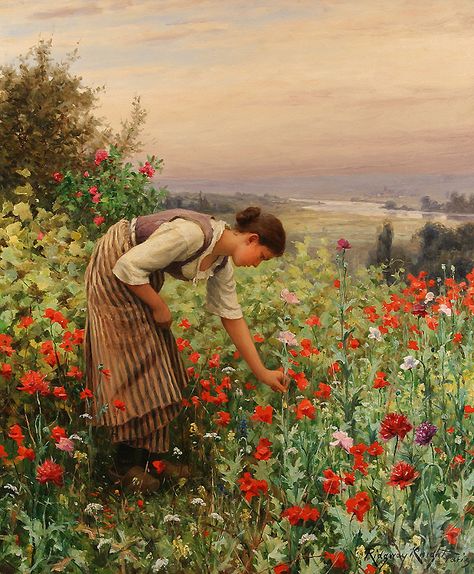 KNIGHT, DANIEL RIDGWAY (1839-1924) Girl Picking Poppies Art Amour, Galleria D'arte, Picking Flowers, Art Ancien, A4 Poster, Art Et Illustration, Paintings I Love, Dmc Floss, Art And Illustration