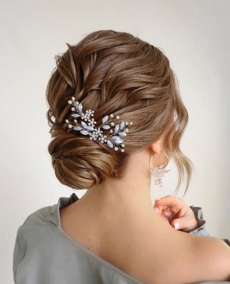 Intricate Updo, Floral Bridal Hair Accessories, Classic Chignon, Blue Wedding Hair, Floral Bridal Hair, Pearl Wedding Hair, Opal Hair, Gold Bridal Hair Comb, Pearl Hair Comb