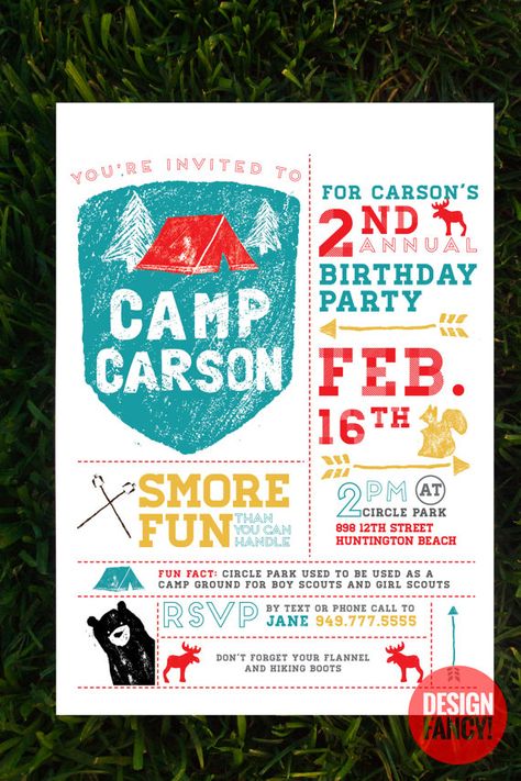 Camping Birthday Invitation by designfancyshop on Etsy, $30.00 Camping Party Invitations, Camp Birthday Party, Camping Birthday Invitations, Camp Birthday, Camping Theme Birthday Party, Campfire Party, Camping Theme Birthday, Cousin Camp, Camping Theme Party