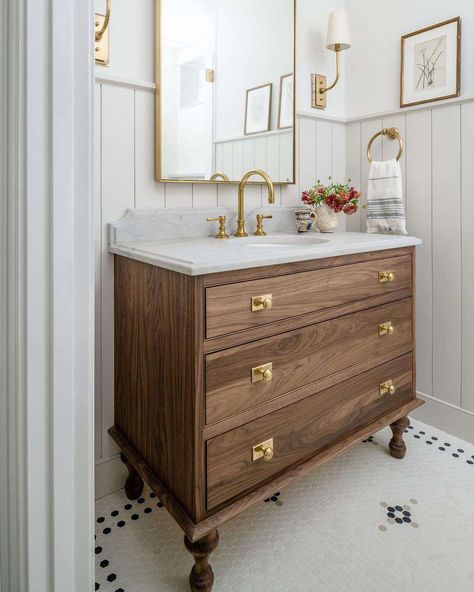 Patterned Tile Floor, Vintage Farmhouse Bathroom, Patterned Tile, Farmhouse Bathroom Vanity, Hall Bathroom, Downstairs Bathroom, Bathroom Inspiration Decor, Basement Bathroom, Upstairs Bathrooms