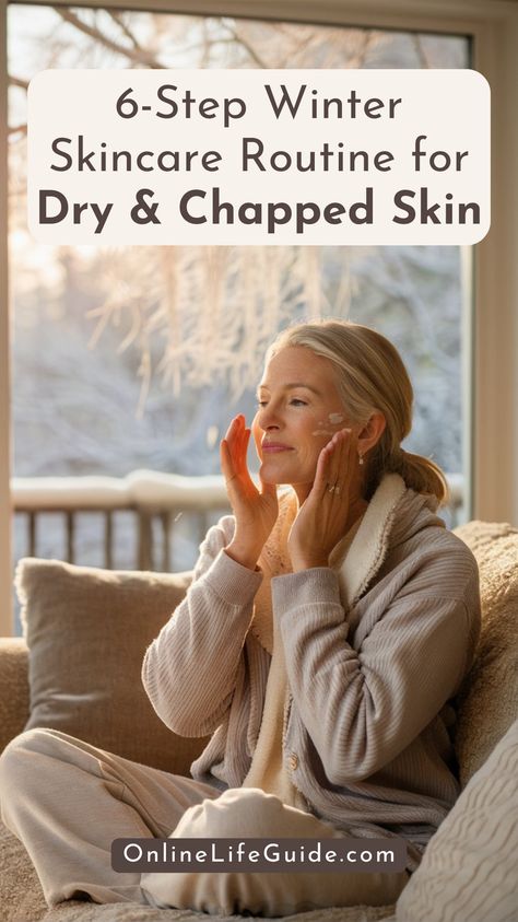 Keep your skin healthy and hydrated through the harsh winter months with this 6-step skincare routine designed to combat dryness and chapped skin. Learn how to lock in moisture, protect against the cold, and keep your complexion glowing all season long. This guide gives you simple, practical tips to nourish and repair your skin, ensuring it stays soft, smooth, and radiant, even in the chilliest weather. Dry Face Skin Care Routine Winter, Dry Winter Skin Remedies, Winter Skin Care Routine For Dry Skin, Winter Skincare Tips, Dehydrated Skin Care Routine, Dry Winter Skin Face, Winter Skin Care Tips, Skin Self Care, Winter Skincare Routine