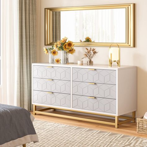 Beige Modern Bedroom, White 6 Drawer Dresser, Chest Of Drawers Design, Organizing Clothes, Decorative Styles, Large Dresser, Modern Chests, Modern Chest Of Drawers, Vanity Bedroom