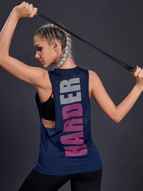 Royal Blue  Collar Sleeveless Polyester Letter  Embellished Slight Stretch All Women Activewear Gym Tshirt, Sports Tank Top, T Shirt Quotes, Sports Clothes, Gym Outfits, Fitness Wear, Sport Tank Tops, Tracksuit Set, Women Sports