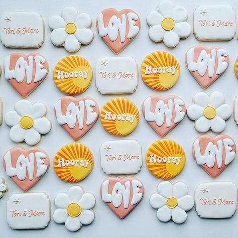 Retro Bridal Shower Cookies, Retro Bachelorette Cookies, Good Vibes Cookies, Groovy Bachelorette Cookies, Flower Power Bridal Shower Theme, Dazed And Engaged Bachelorette Cookies, Groovy Engagement Party, Dazed And Engaged Cookies, Groovy Bridal Shower Theme