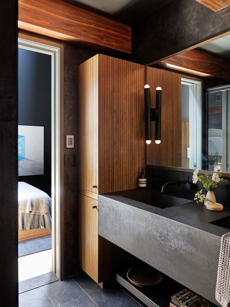 A Night and Day Renovation of a Lofted Bedroom and Bathroom in Cobble Hill, Brooklyn Windowless Bathroom, Going Dark, Modern Japanese Style, Japanese Bathroom, Walnut Bed, The Shade Store, Dark Paint Colors, Black Rooms, Shade Store