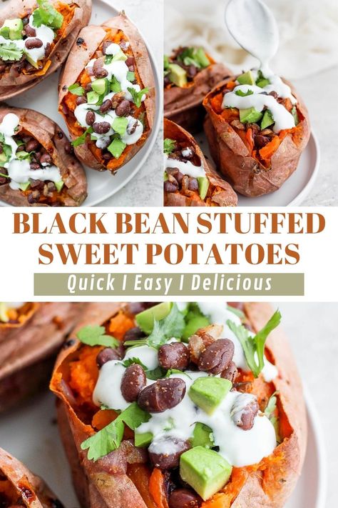 If you're looking for an easy AND filling vegetarian dinner idea, you're going to LOVE these Black Bean Stuffed Sweet Potatoes! They come together with just a few simple ingredients and are very easy to customize based on your personal preferences. Vegan Sweet Potatoes, Stuffed Sweet Potato, Sweet Potato Chocolate, Stuffed Sweet Potatoes, Loaded Sweet Potato, Vegan Sweet Potato, Vegetarian Dinners, Healthy Dinners, Dinner Idea