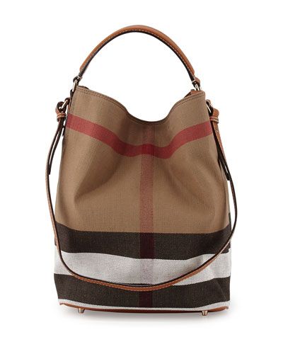 V2TY8 Burberry Ashby Medium Canvas/Calfskin Hobo Bag, Saddle Brown Burberry Bucket Bag, Burberry Purse, Brown Satchel, Bucket Bags, Brown Tote, Burberry Brit, Saddle Brown, Burberry Handbags, Canvas Handbags