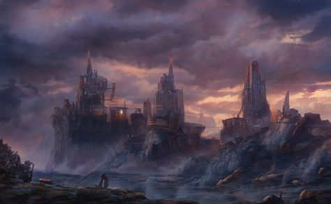 Artbreeder Sunset Castle Aesthetic, Dusk Court Aesthetic, Dusk Court, Sea At Sunset, Castle Painting, Fantasy Town, Castle Aesthetic, Castle Art, Lovely Places