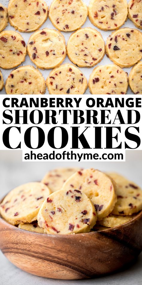 Cranberry orange shortbread cookies are classic sweet and buttery shortbread cookies with a major upgrade, packed with dried cranberries and fresh orange zest for a burst of flavour in every bite. These melt-in-your-mouth cookies are rolled, sliced and baked. They are the perfect cookie to add to your Christmas holiday baking list. | aheadofthyme.com #cranberryorangeshortbreadcookies #shortbreadcookies #christmascookies #cranberrycookies #holidaybaking #shortbread Orange Craisin Cookies, Shortbread Cookies Flavours, Cranberry Orange Shortbread Cookies With Fresh Cranberries, Cranberry Orange Crumb Cake Cookies, Citrus Christmas Cookies, Cranraisin Cookies, Orange Cranberry Shortbread Cookies, Orange Cranberry Shortbread, Holiday Cookie Recipes Christmas