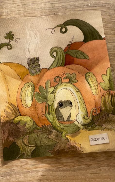 @ ivoryowlco (Instagram) Autumn Cat Drawing, Gremlincore Art, Aesthetic Cottagecore Drawing, Fall Paintings Watercolor, Cozy Drawing Ideas, Cozy Watercolor Painting, Frog Pumpkin Painting, Ivoryowlco Art, Cozy Illustration Art