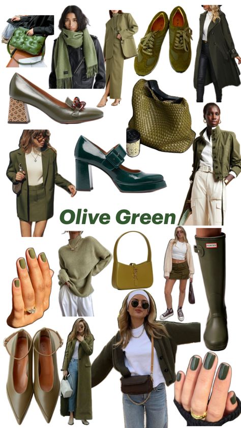 Fall 2024 trends using olive green Pistachio Green Outfit Color Combos, Olive Green Monochrome Outfit, Burnt Orange And Olive Green Outfit, Olive Outfits For Women, Olive Green Outfit Ideas, Olive Green Outfits, Green Monochrome Outfit, Olive Jeans Outfit, Olive Green Fashion