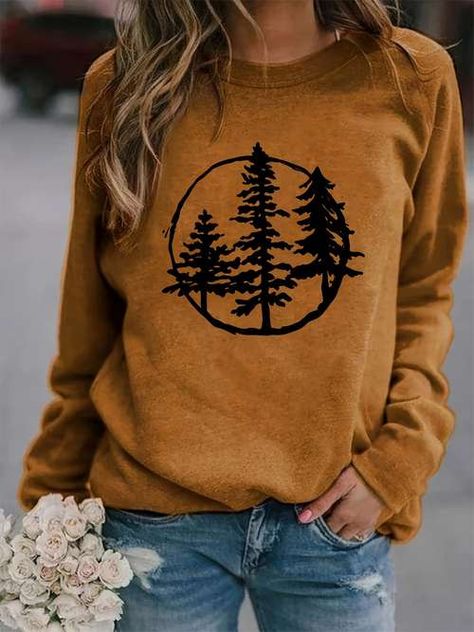 Womens Tshirt Designs, Blouse Necklines, Boho Sweatshirt, Tee Ideas, Womens Tshirt, Spring Fashion Casual, Long Sleeve Tops Casual, Denim Overalls, Tree Print