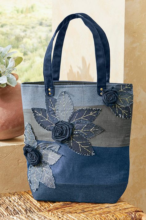 Indigo Floral Tote Denim And Lace Bags Purses, Fabric Bags Handmade Handbags, Jean Bags Pattern Ideas, Homemade Handbags, Contemporary Bags, 2024 Denim, Jeans Bags Ideas, Quilted Purse Patterns, Denim Patchwork Bag