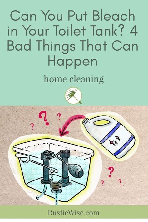 Can you put bleach in your toilet tank safely? Simply put, no, it’s not a good idea to put chlorine bleach in your toilet tank. Bleach is a corrosive cleaning agent that can damage rubber and plastic components in the tank, and eventually create rust stains on metal bolts. Over time, bleach may cause leaks in your toilet—something nobody wants! #cleaning #cleaningtips #cleaninghacks | bleach in toilet tank | via @RusticWise Toilet Fill Valve, Leaking Toilet, Clorox Bleach, Seat Cleaner, Dual Flush Toilet, Toilet Cistern, Toilet Bowl Cleaner, Toilet Cleaner, Cleaning Agent