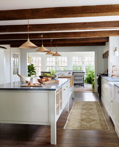 Dark Wooden Floors, European Country Kitchen, Small Living Room Decoration, Wooden Ceiling Beams, Chefs Kitchen Design, Kristina Crestin, Grey Painted Kitchen, Dark Wooden Floor, Living Room Decoration Ideas