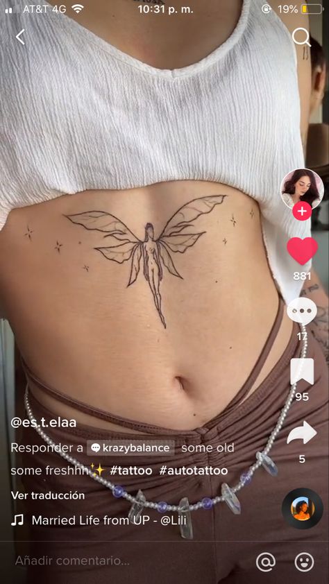 Waist Tattoo Aesthetic, Fairy Stomach Tattoo, Fairy Chest Tattoo, Small Stomach Tattoos Women, Fairy Tattoos, Stomach Tattoos Women, Tattooed Woman, Waist Tattoos, Stomach Tattoos