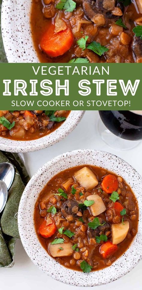 Vegetarian Stew Crockpot, St Patrick's Day Food, Irish Stew Recipe, Vegetarian Stew, Vegetarian Slow Cooker Recipes, Vegetarian Crockpot Recipes, Slow Cooker Stew, Irish Stew, Slow Cooker Vegetarian