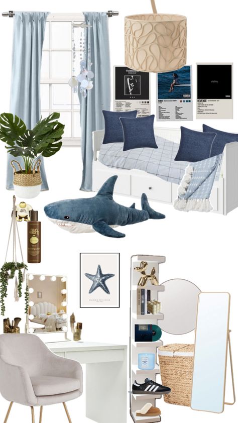 Blue Wall Bedroom Decor Ideas, Costal Bedroom Idea Teen, Beach Blue Bedroom, Mama Mia Inspired Bedroom, Costal Bedroom Design, Ocean Room Ideas Bedrooms, Ocean Room Theme, Temu Room Decor, Sea Salt Sand Room