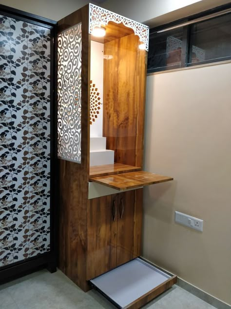 Mandir Storage Design, Compact Pooja Unit, Compact Mandir Designs, Tv Unit With Puja Unit, Mandir With Storage, Home Mandir Designs, Pooja Unit Designs, Puja Unit Design, Mandir Ideas