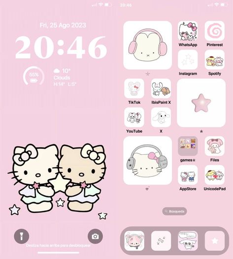 Hello Kitty Phone Layout Ideas, Hello Kitty Theme, Kitty Theme, Iphone Layouts, Cute Backgrounds For Iphone, Images Hello Kitty, Wallpaper Homescreen, Phone Layouts, Ios App Iphone