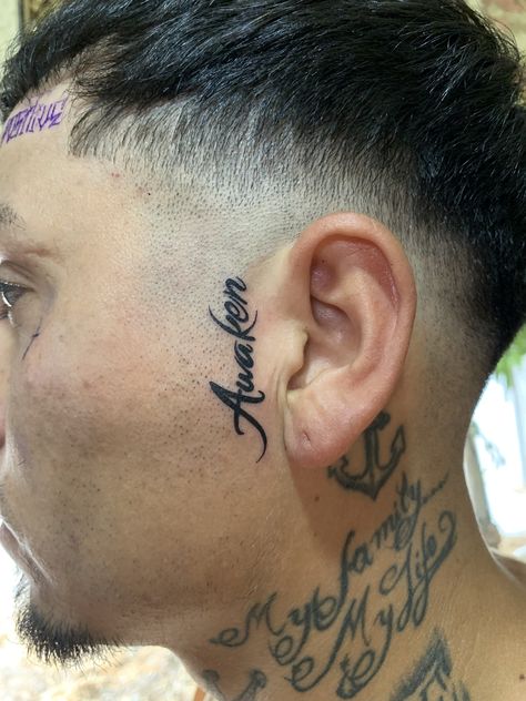 Front Ear Tattoo, Name Face Tattoo, 4 Letter Words Tattoo, Side Face Tattoo Men, Sideburn Tattoo Guys, Side Of Face Tattoo, Side Face Tattoo, Tatto Name, Faith Tattoo Designs