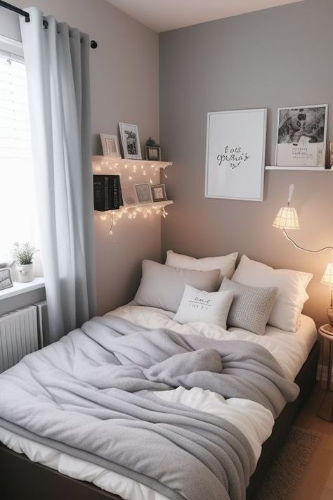 Home Decor: #homedecor, #interiordesign, #homedesign, #decor inspiration Small Bedroom Ideas Double Bed, No Bedframe Bedroom Ideas Minimalist, Full Size Bedding Ideas, Gray Wall Room Ideas Bedroom, Bedroom For One Person, Bedroom Colours Ideas, Small Grey Bedroom Ideas, Bedroom Light Grey Walls, Bed Without Headboard Ideas