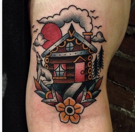 Traditional tattoo Cabin Tattoo, Houston Tattoos, House Tattoo, Disney Tattoo, Traditional Tattoo Design, Traditional Tattoo Flash, Home Tattoo, Tattoo Designs And Meanings, Tattoo Life