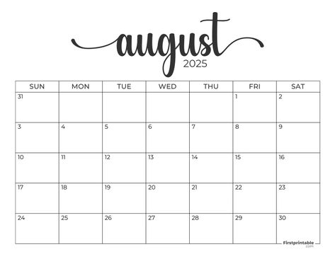 August 2025 Calendar, Month Calendar Printable, Bullet Journal Topics, Bujo 2025, Free Blank Calendar, Simple Calendar, Free Printable Calendar Templates, Journal Topics, Blank Monthly Calendar