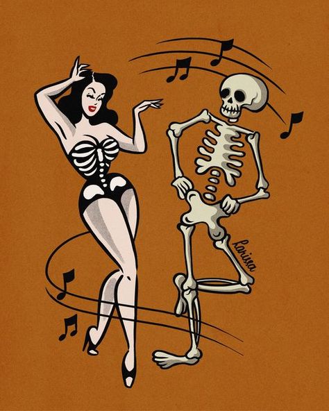 Spooky Scary Skeletons, Goth Pinup, Pinup Tattoo, Vintage Halloween Art, Pin Up Drawings, Halloween Wallpaper Cute, Spooky Tattoos, Pin Up Tattoos, Halloween Pins